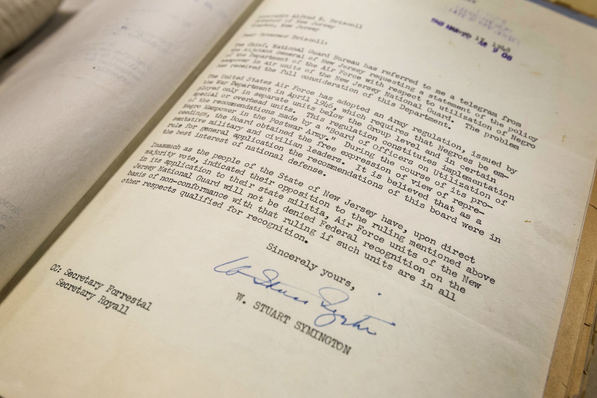 Letter from W. Stuart Symington, Secretary of the Air Force, sent to New Jersey Governor Alfred E. Driscoll on March 17, 1948, authorizing racially mixed units in the New Jersey Air National Guard. This made the New Jersey National Guard the first federally recognized military component to be integrated. (New Jersey National Guard photo by Mark C. Olsen)