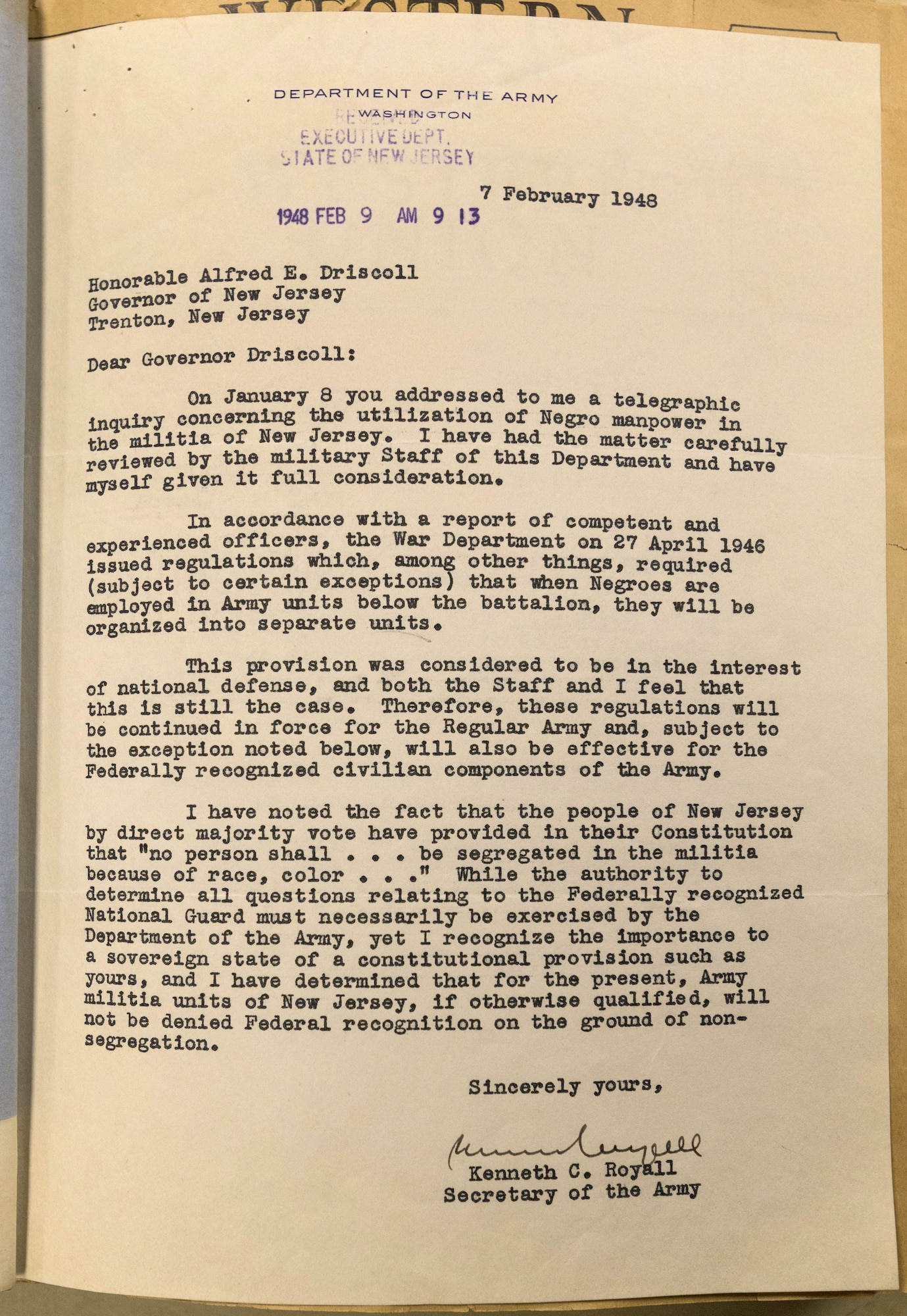 Letter from Kenneth C. Royall, Secretary of the Army, sent to New Jersey Governor Alfred E. Driscoll on Feb. 7, 1948, authorizing racially mixed units in the New Jersey Army National Guard. This made the New Jersey National Guard the first federally recognized military component to be integrated. (New Jersey National Guard photo by Mark C. Olsen)