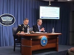 Army Lt. Gen. Anthony Ierardi (left), the Joint Staff's director of force structure, resources and assessment, and Defense Department Comptroller David L. Norquist (right), discuss the president's fiscal 2019 defense budget request during a news conference at the Pentagon Feb. 12.