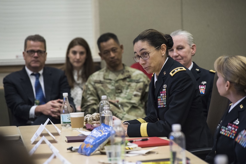 Maj. Gen. Marion Garcia, commanding general for the 200th Military Police Command, shares her experiences with congressional staff delegates and fellow general officers during the Women Leadership Roundtable Discussion hosted at the Pentagon, Feb. 7, 2018. Top U.S. military generals met with congressional delegates to discuss their life perspectives as military women and the importance of having access to every talented American who can add strength to the force. (U.S. Army Reserve photo by Maj. Valerie Palacios)