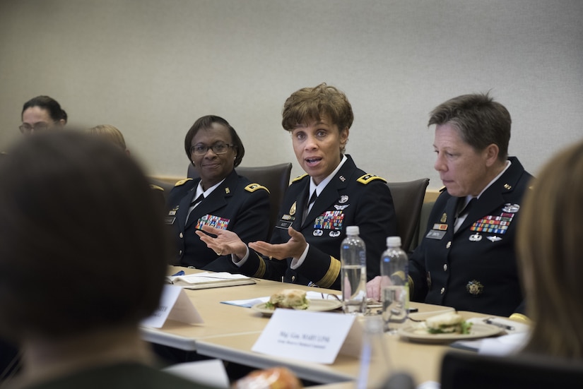 Lt. Gen. Nadja West, Army surgeon general and commander of U.S. Army Medical Command, answers questions about her Army life before a panel of fellow peer general officers and several congressional staff delegates during the Women Leadership Roundtable Discussion hosted at the Pentagon, Feb. 7, 2018. Top U.S. military generals met with congressional delegates to discuss their life perspectives as military women and the importance of having access to every talented American who can add strength to the force. (U.S. Army Reserve photo by Maj. Valerie Palacios)