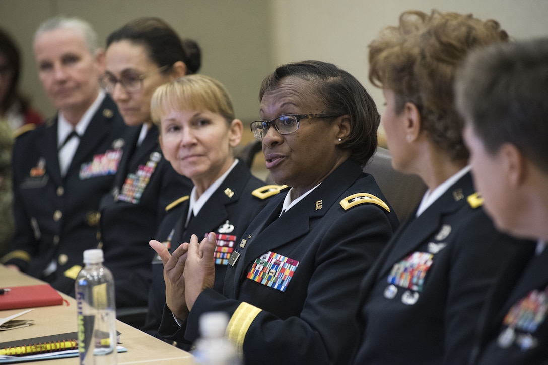 Lt. Gen. Gwen Bingham, Army assistant chief of staff for Installation Management, speaks before an audience, which included fellow general officers and several congressional staff delegates during the Women Leadership Roundtable Discussion hosted at the Pentagon, Feb. 7, 2018. Top U.S. military generals met with congressional delegates to discuss their life perspectives as military women and the importance of having access to every talented American who can add strength to the force. (U.S. Army Reserve photo by Maj. Valerie Palacios)