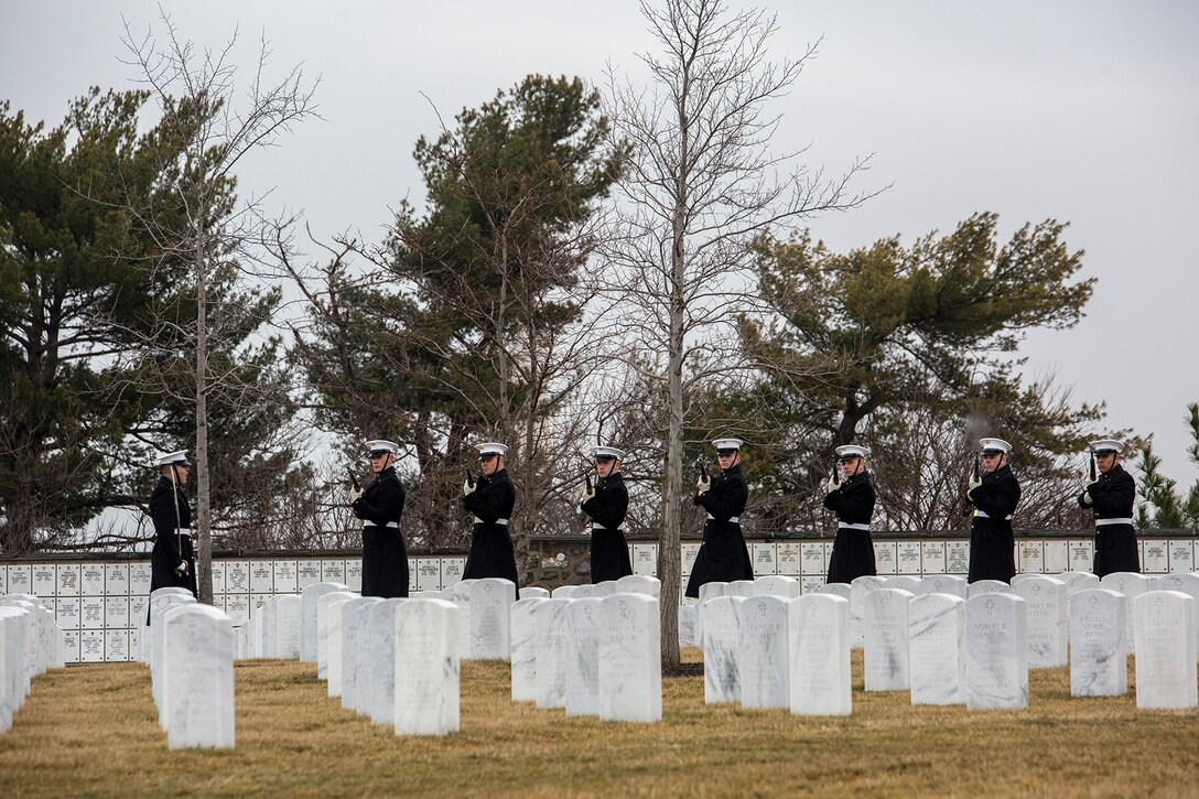 A firing party with Marine Barracks Washington D.C. renders a three-volley salute during a full honors funeral for Col. Travis M. Provost at Arlington National Cemetery, Arlington, Va., Feb. 12, 2018. Provost joined the U.S. Marine Corps on November 10, 1989 and was commissioned as a 2nd Lieutenant in April 1990. He deployed six times, supporting multiple operations including Operation Iraqi Freedom in 2005 and retired in April 2014 after a distinguished and decorated career. (Official U.S. Marine Corps photo by Sgt. Robert Knapp/Released)