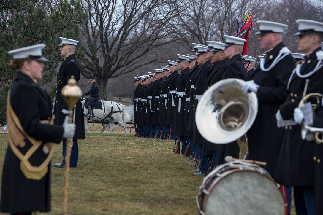 Marines with Marine Barracks Washington D.C. support a full honors funeral for Col. Travis M. Provost at Arlington National Cemetery, Arlington, Va., Feb. 12, 2018. Provost joined the U.S. Marine Corps on November 10, 1989 and was commissioned as a 2nd Lieutenant in April 1990. He deployed six times supporting multiple operations, including Operation Iraqi Freedom in 2005, and retired in April 2014 after a distinguished and decorated career. (Official U.S. Marine Corps photo by Sgt. Robert Knapp/Released)