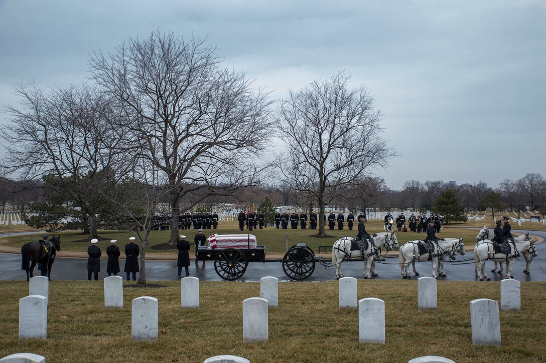 Marines with Marine Barracks Washington D.C. support a full honors funeral for Col. Travis M. Provost at Arlington National Cemetery, Arlington, Va., Feb. 12, 2018. Provost joined the U.S. Marine Corps on November 10, 1989 and was commissioned as a 2nd Lieutenant in April 1990. He deployed six times, supporting multiple operations including Operation Iraqi Freedom in 2005 and retired in April 2014 after a distinguished and decorated career. (Official U.S. Marine Corps photo by Sgt. Robert Knapp/Released)