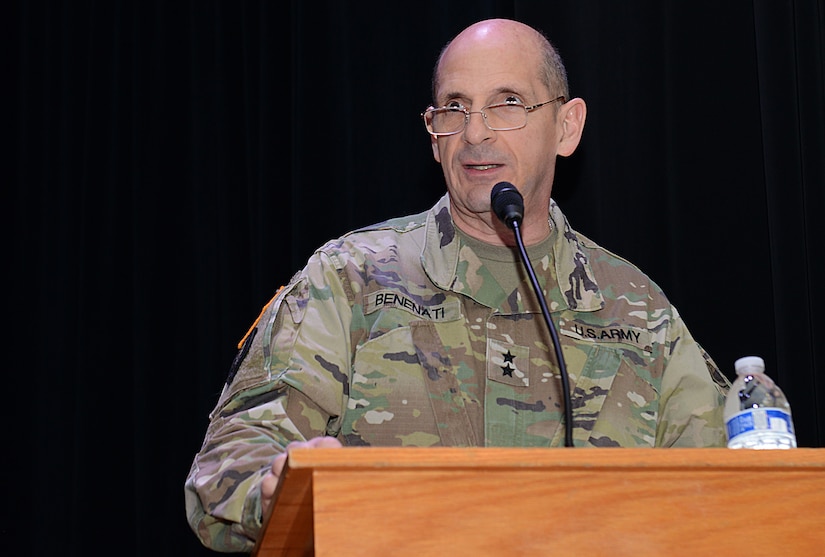 .S. Army Maj. Gen. Paul Benenati, U.S. Army Training and Doctrine Command deputy Chief of Staff, welcomes guests to the Special Troops Battalion change of command ceremony at Joint Base Langley-Eustis, Va., Feb. 9, 2018.