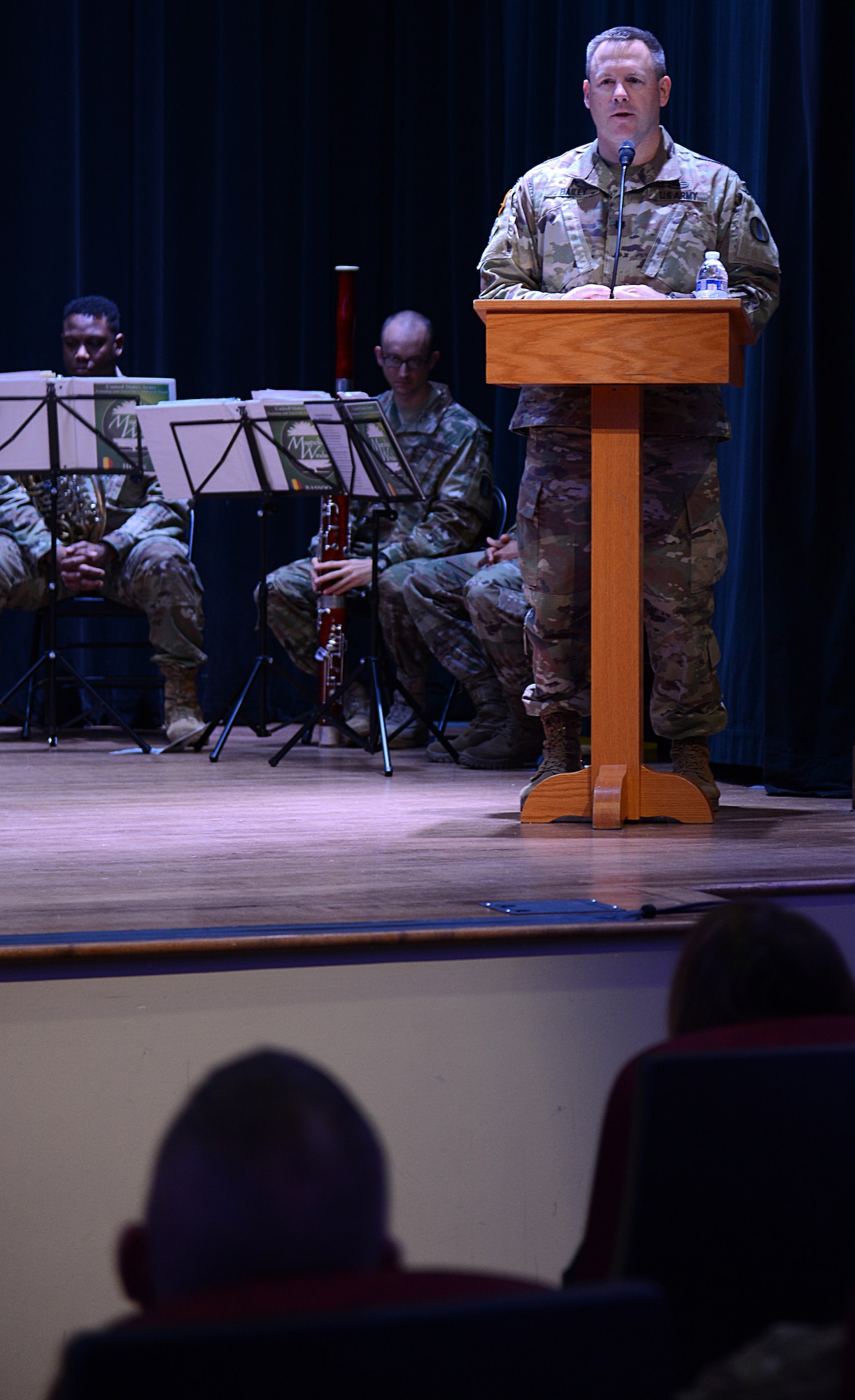 U.S. Army Lt. Col. Mark Bailey, U.S. Army Training and Doctrine Command Special Troops Battalion outgoing commander, thanks his family and leaders for their support during a change of command ceremony at Joint Base Langley-Eustis, Va., Feb. 9, 2018.