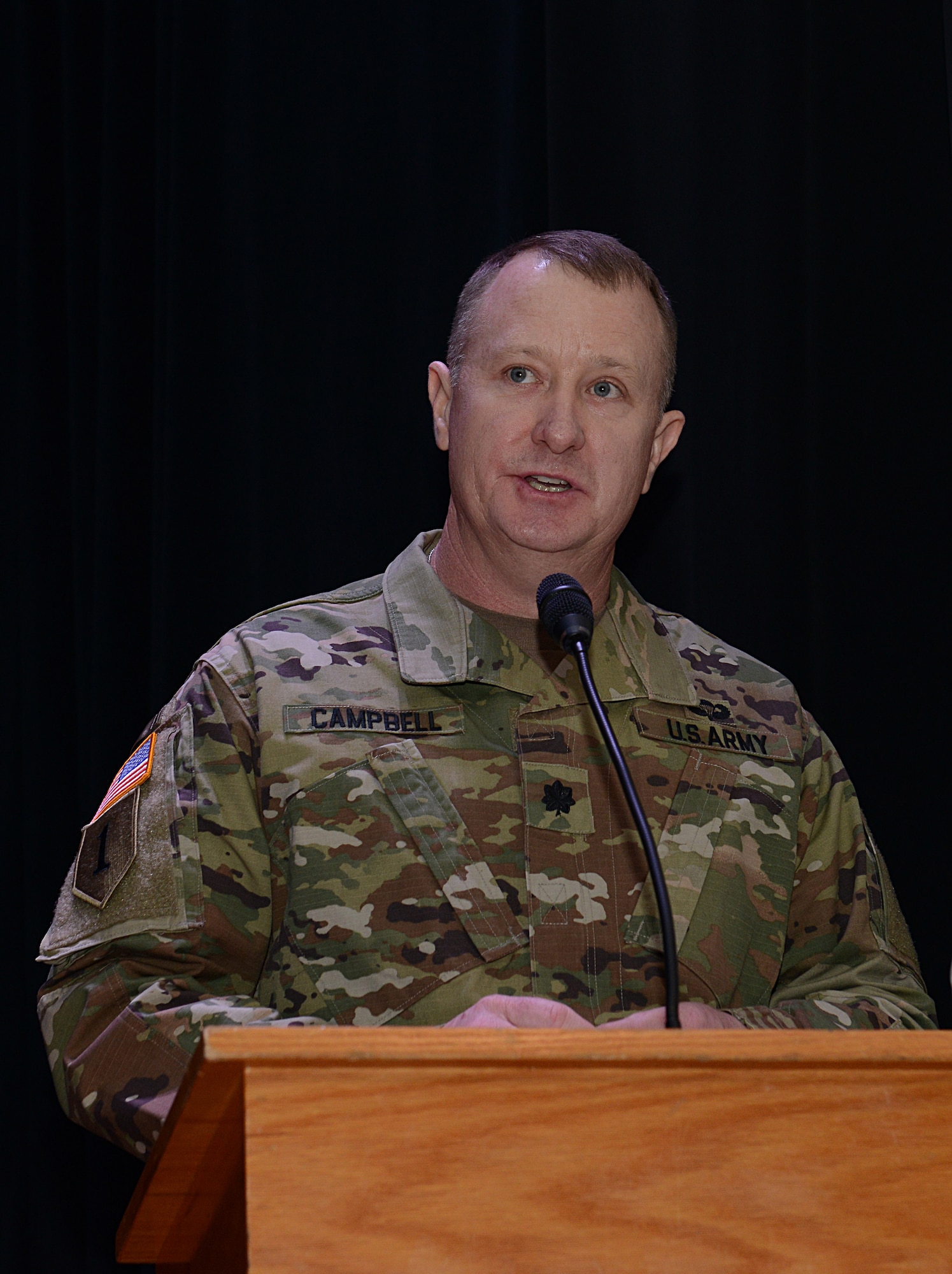 U.S. Army Lt. Col. Jayson Campbell, U.S. Army Training and Doctrine Command Special Troops Battalion commander, speaks after taking command of the battalion during a ceremony at Joint Base Langley-Eustis, Va., Feb. 9, 2018.