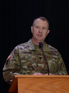 U.S. Army Lt. Col. Jayson Campbell, U.S. Army Training and Doctrine Command Special Troops Battalion commander, speaks after taking command of the battalion during a ceremony at Joint Base Langley-Eustis, Va., Feb. 9, 2018.