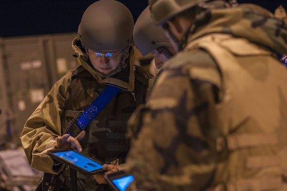 A U.S. Airman checks equipment inventory during a training exercise at Davis-Monthan Air Force Base, Ariz., Feb. 12, 2018. The exercise was held to test readiness in response to a simulated deployment. (U.S. Air Force photo by Airman 1st Class Michael X. Beyer)