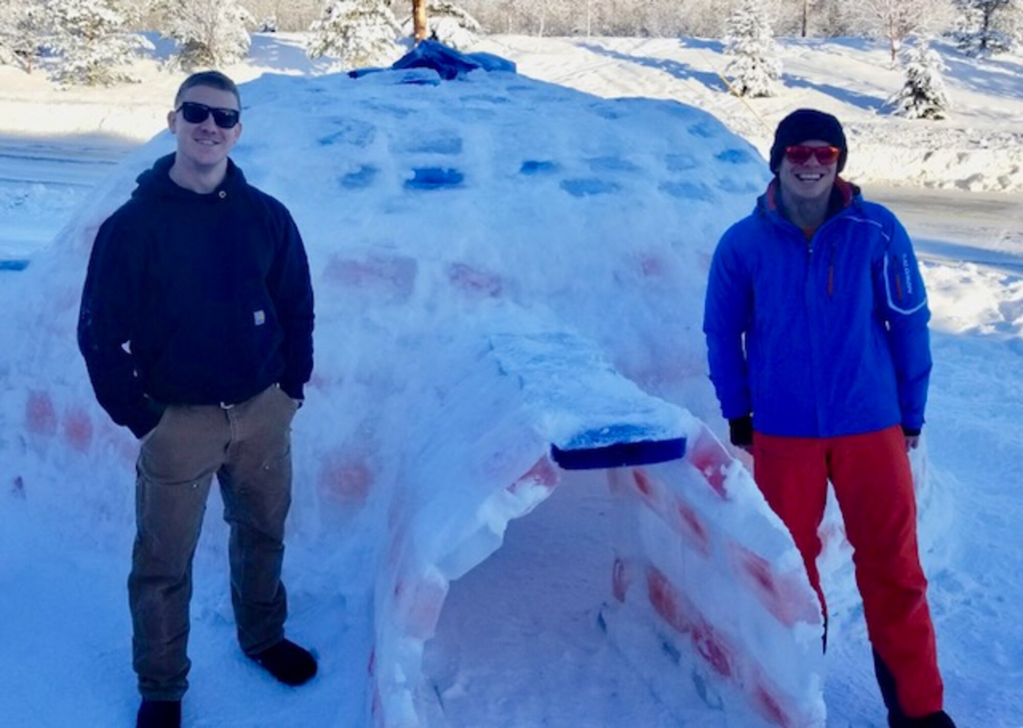 With the help of some friends, the American Flag inspired igloo was constructed between Dec. 22, 2017, and Jan. 31, 2018. The project took more than 200 man hours and 500 blocks. 

Those 500 blocks of ice were handcrafted by filling plastic tubs with water, and sometimes food coloring, then allowing it to freeze outside over the course of a day.