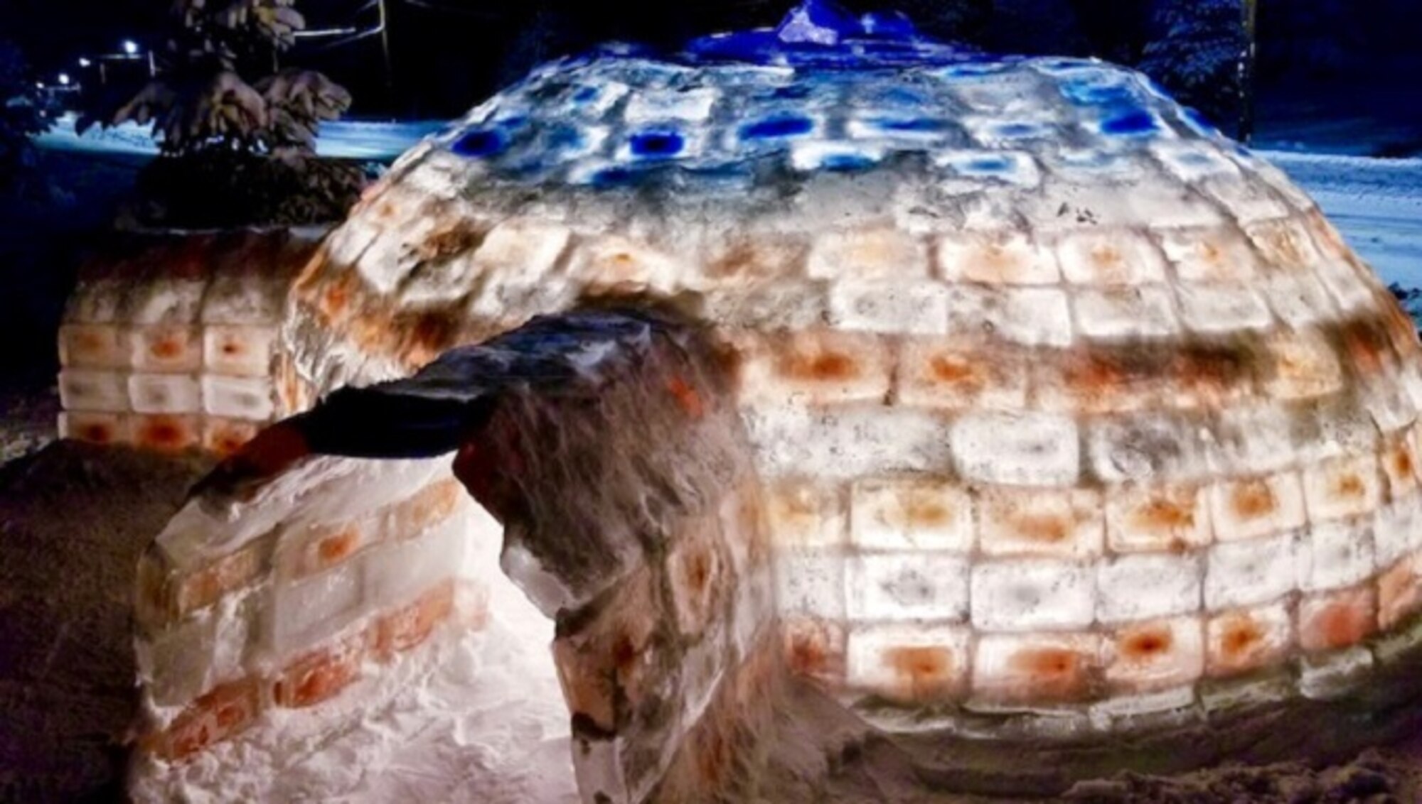 With the help of some friends, the American Flag inspired igloo was constructed between Dec. 22, 2017, and Jan. 31, 2018. The project took more than 200 man hours and 500 blocks. 

Those 500 blocks of ice were handcrafted by filling plastic tubs with water, and sometimes food coloring, then allowing it to freeze outside over the course of a day.