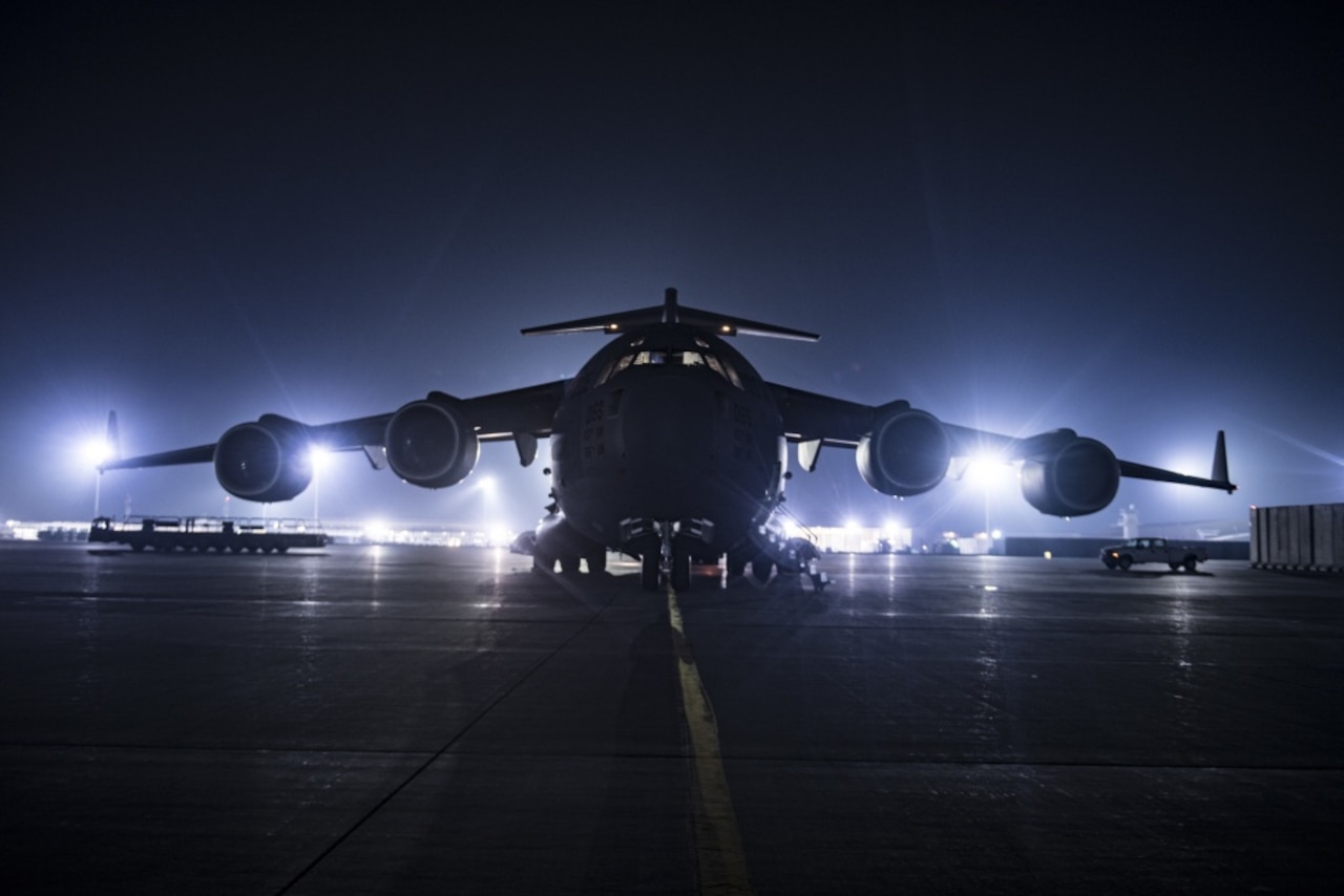 An Air Force C-17 Globemaster III transport jet assigned to the 816th Expeditionary Airlift Squadron sits on the ramp at Bagram Airfield, Afghanistan.