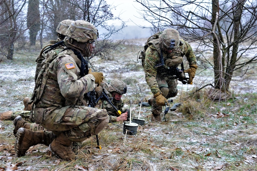 Engineers of Lightning Troop, 3rd Squadron, 2nd Cavalry Regiment, assigned to the Battle Group Poland, set up the detonation cords for breach operations during Dire Wolf II, platoon live-fire exercise near Bemowo Piskie Training Area, Poland.