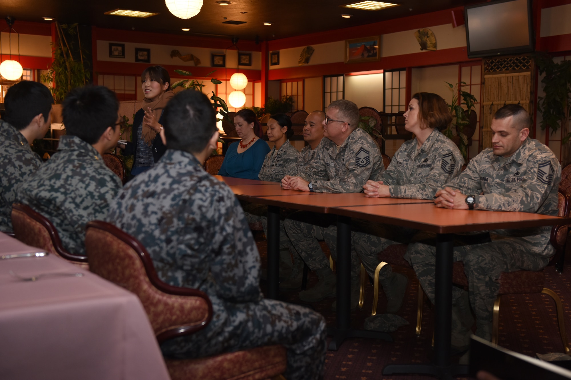 A panel composed of senior leadership primarily from the 374th Maintenance Group answer questions fielded by Koku Jietai Cadets during a Basic Maintenance Officer Tour at Yokota Air Base, Japan, Feb. 1, 2018.