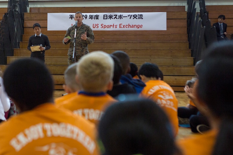 CAMP HANSEN, OKINAWA, JAPAN –  Col. Brian Howlett gives an opening speech before a Japan-U.S. Sports Exchange hosted by the Okinawa Defense Bureau Feb. 12 aboard Camp Hansen, Okinawa, Japan.