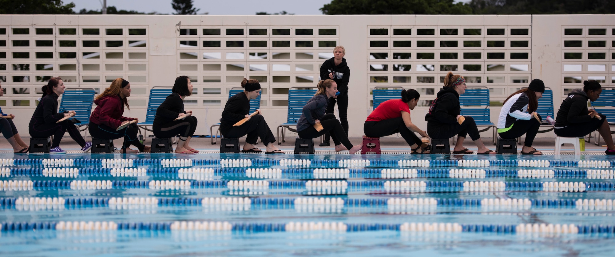 The Kadena Shoguns Women’s Dragon Boat team practice at the Fairchild Pool Feb. 7, 2018, at Kadena Air Base, Japan. The Kadena Shoguns Women’s Dragon Boat Team is defending their Best U.S. Women’s Dragon Boat Team title against both the Army and Navy women’s dragon boat teams. (U.S. Air Force photo by Senior Airman Omari Bernard)