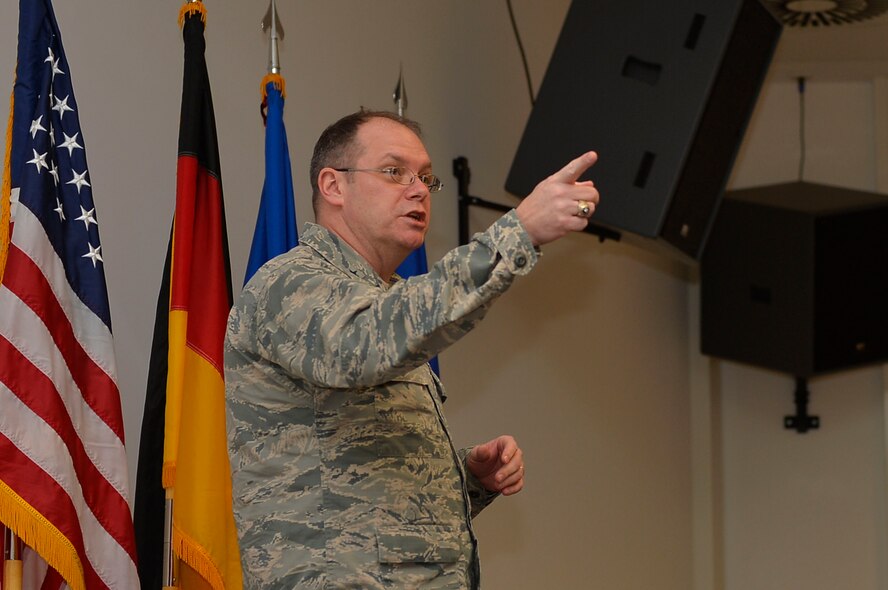 U.S. Air Force Brig. Gen. Richard G. Moore Jr., 86th Airlift Wing Commander, gives a speech during a Phoenix Raven graduation ceremony on Ramstein Air Base, Germany, Feb. 12, 2018. Although Air Mobility Command owns the Raven program, a mobile training team came to Ramstein to conduct the Phoenix Raven Qualification Course upon the request of U.S. Air Forces in Europe-Air Forces Africa leadership. (U.S. Air Force photo by Senior Airman Joshua Magbanua)