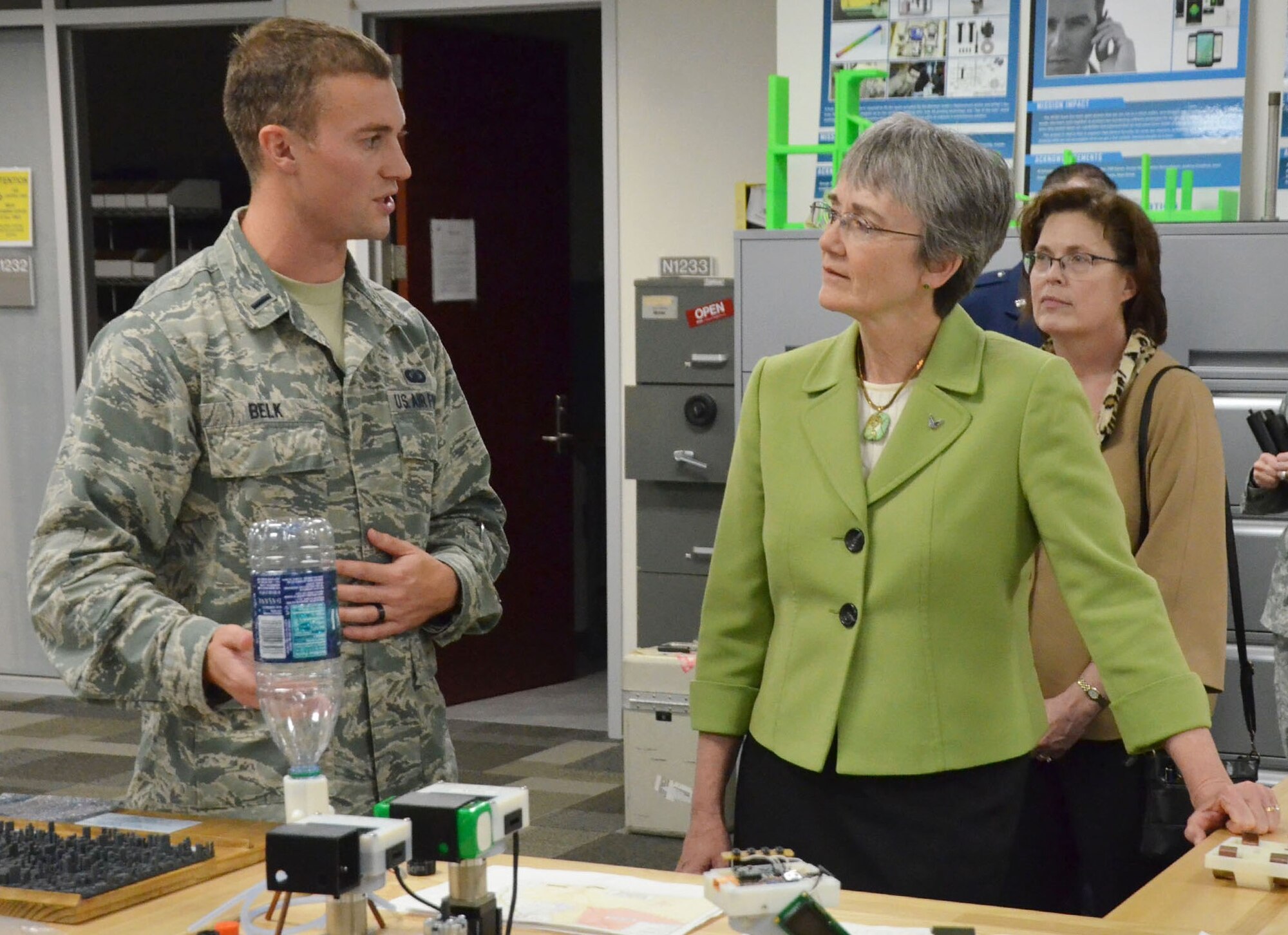 First Lt. Drew Belk, Innovation Lab chief at the Air Force Technical Applications Center, Patrick AFB, Fla., discusses ongoing innovation projects with Secretary of the Air Force Heather Wilson during her visit to the Department of Defense’s sole nuclear treaty monitoring center.  Wilson was in town to speak at AFTAC’s annual Women in Science and Engineering Symposium Feb. 8, 2018.  (U.S. Air Force photo by William M. Donelson)