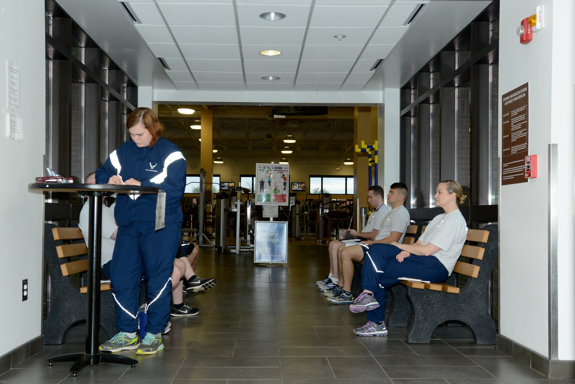 U.S. Airmen at the 20th Force Support Squadron main fitness center wait for their fitness assessment to begin at Shaw Air Force Base, S.C., Feb. 12, 2018.