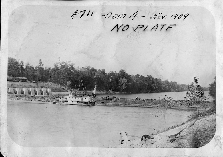 Construction continues on Dam No. 4 on the Cumberland River in Tennessee Nov. 7, 1909. The U.S. Army Corps of Engineers built this old dam and lock to establish a navigation channel. The lock and dam was replaced by today's modern dam system.(USACE Photo)
