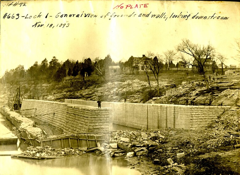 Lock 1 on the Cumberland River in Nashville, Tenn., is shown under construction Nov. 18, 1893. The U.S. Army Corps of Engineers Nashville District constructed the lock and dam to establish a navigation channel. This lock and dam was replaced by today's modern dam system. (USACE Photo)