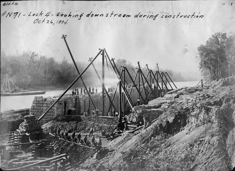 A Derrick arrangement is in the pit during the construction of Lock 4 Oct. 26, 1894 on the Cumberland River in Tennessee.  The lock and dam were constructed to establish a navigation channel. The lock and dam were replaced by today's modern system of dams. (USACE Photo)
