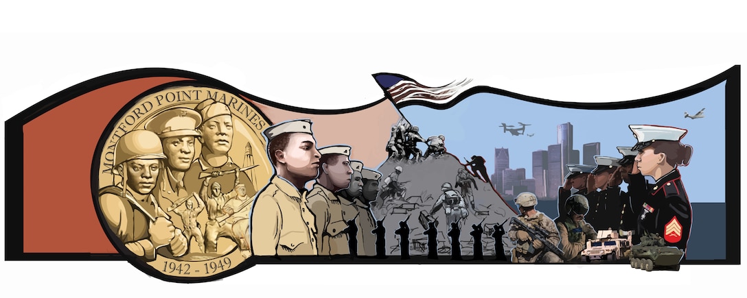 Mural Design Created in adobe illustrator that was unveiled during Marine Week Detroit Sept 9th, 2017. The mural gives a history of the trials and tribulations that the Montford Point Marines had to endure to earn the title Marine as well as their sacrifices that often went un-recongnized during events such Iwo Jima. Throughout the design there are also Marines whom served from Detroit. The end of the design salutes back to those who served before us, some giving the ultimate sacrifice.