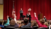 Major Gen. Patrick Reinert, 88th Readiness Division commanding general, visits Three Rivers Educational Campus and answers questions from students of Taylor Middle School after a ceremony honoring the 245th birthday of our 9th President, William Henry Harrison, Feb 9, in North Bend, Ohio.