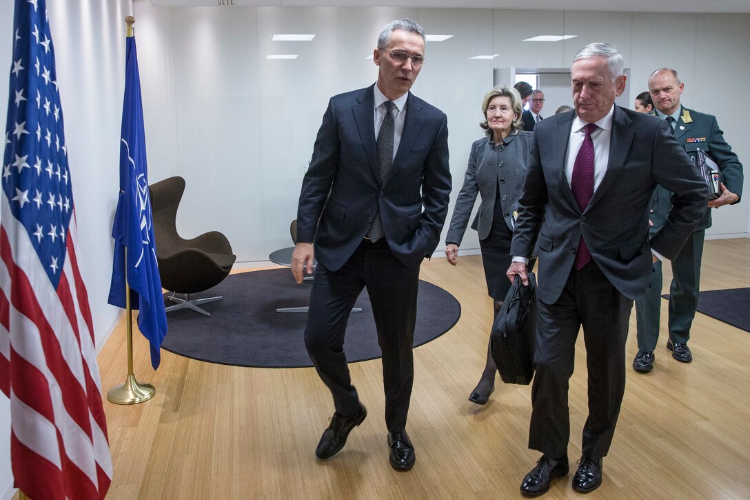 NATO Secretary General Jens Stoltenberg, left, and Defense Secretary James N. Mattis speak following a bilateral meeting at NATO headquarters in Brussels, Feb. 14, 2018. NATO photo