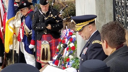 Major Gen. Patrick Reinert, 88th Readiness Division commanding general, speaks during a ceremony honoring the 245th birthday of our 9th President, William Henry Harrison, Feb. 9, in North Bend, Ohio.