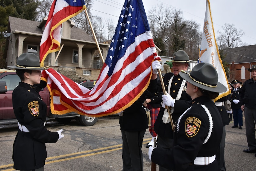 The Village of North Bend Deputy Sheriff’s Honor Guard prepares to march during a ceremony honoring the 245th birthday of our 9th President, William Henry Harrison, Feb. 9, in North Bend, Ohio.