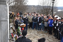 Major Gen. Patrick Reinert, 88th Readiness Division commanding general, speaks to a crowd of local officials, citizens and students from the Three Rivers Educational Campus during a ceremony honoring the 245th birthday of our 9th President, William Henry Harrison, Feb. 9, in North Bend, Ohio.