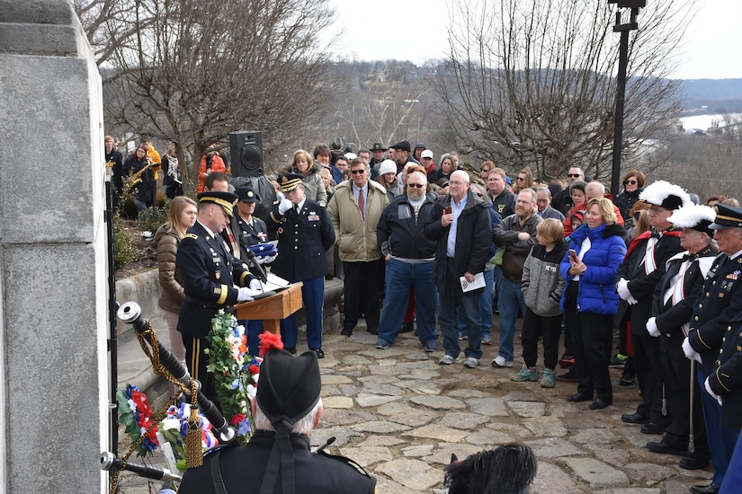 Major Gen. Patrick Reinert, 88th Readiness Division commanding general, speaks to a crowd of local officials, citizens and students from the Three Rivers Educational Campus during a ceremony honoring the 245th birthday of our 9th President, William Henry Harrison, Feb. 9, in North Bend, Ohio.