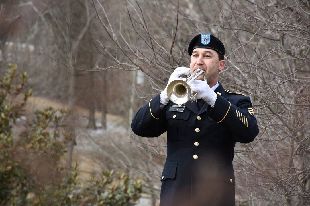 U.S Army Reserve Staff Sgt. Jeff Hotz plays during a ceremony honoring the 245th birthday of our 9th President, William Henry Harrison, Feb. 9, in North Bend, Ohio.