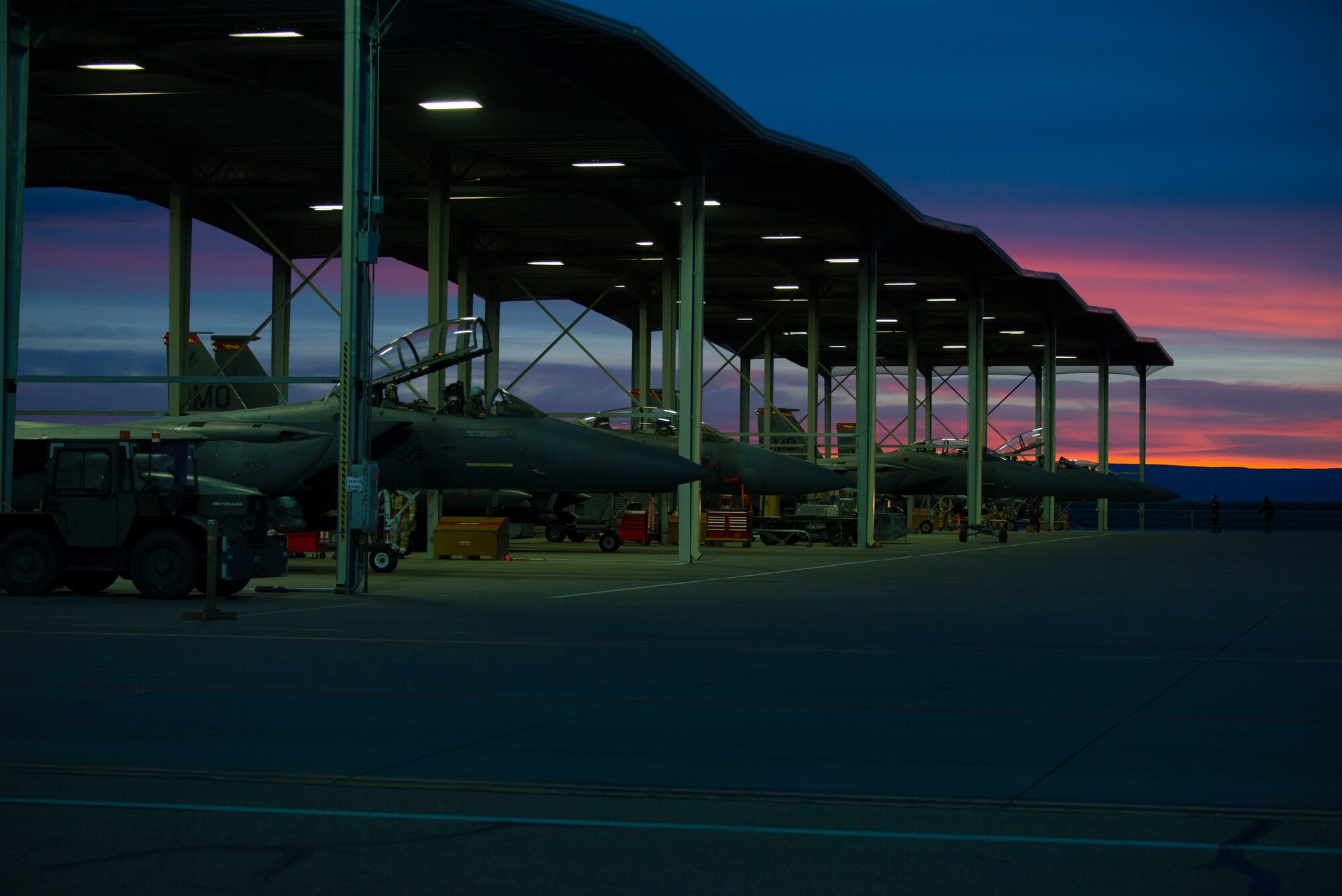 An image of F-15E Strike Eagles sit on the flightline during an exercise, Feb. 8, 2018, at Mountain Home Air Force Base, Idaho. The exercise focused on training for potential real world contingencies. (U.S. Air Force photo by Airman 1st Class Jeremy D. Wolff)