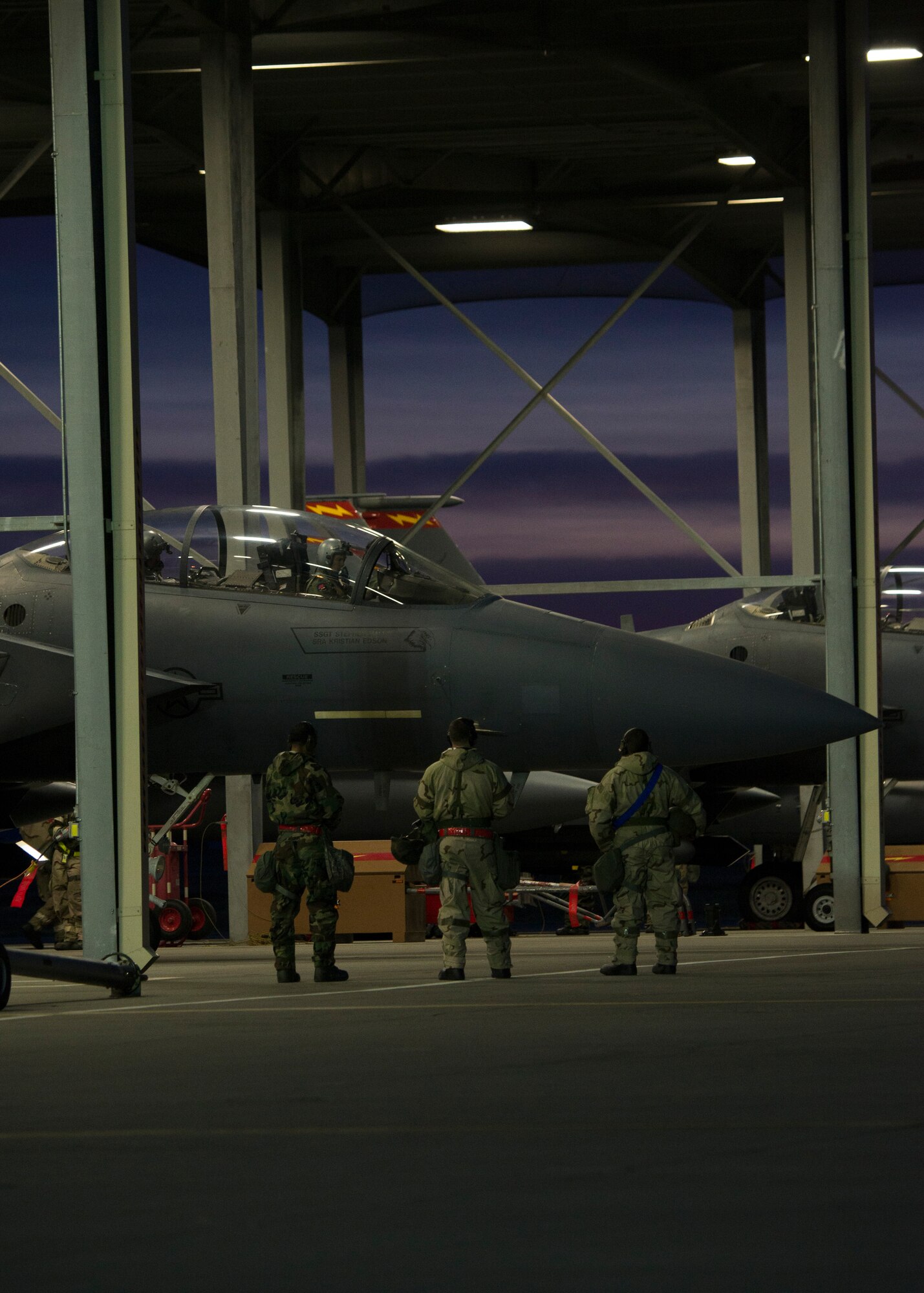 An image of an F-15E Strike Eagle prepares to taxi during an exercise Feb. 8, 2018, at Mountain Home Air Force Base, Idaho. The exercise focused on training for potential real world contingencies. (U.S. Air Force photo by Airman 1st Class Jeremy D. Wolff)