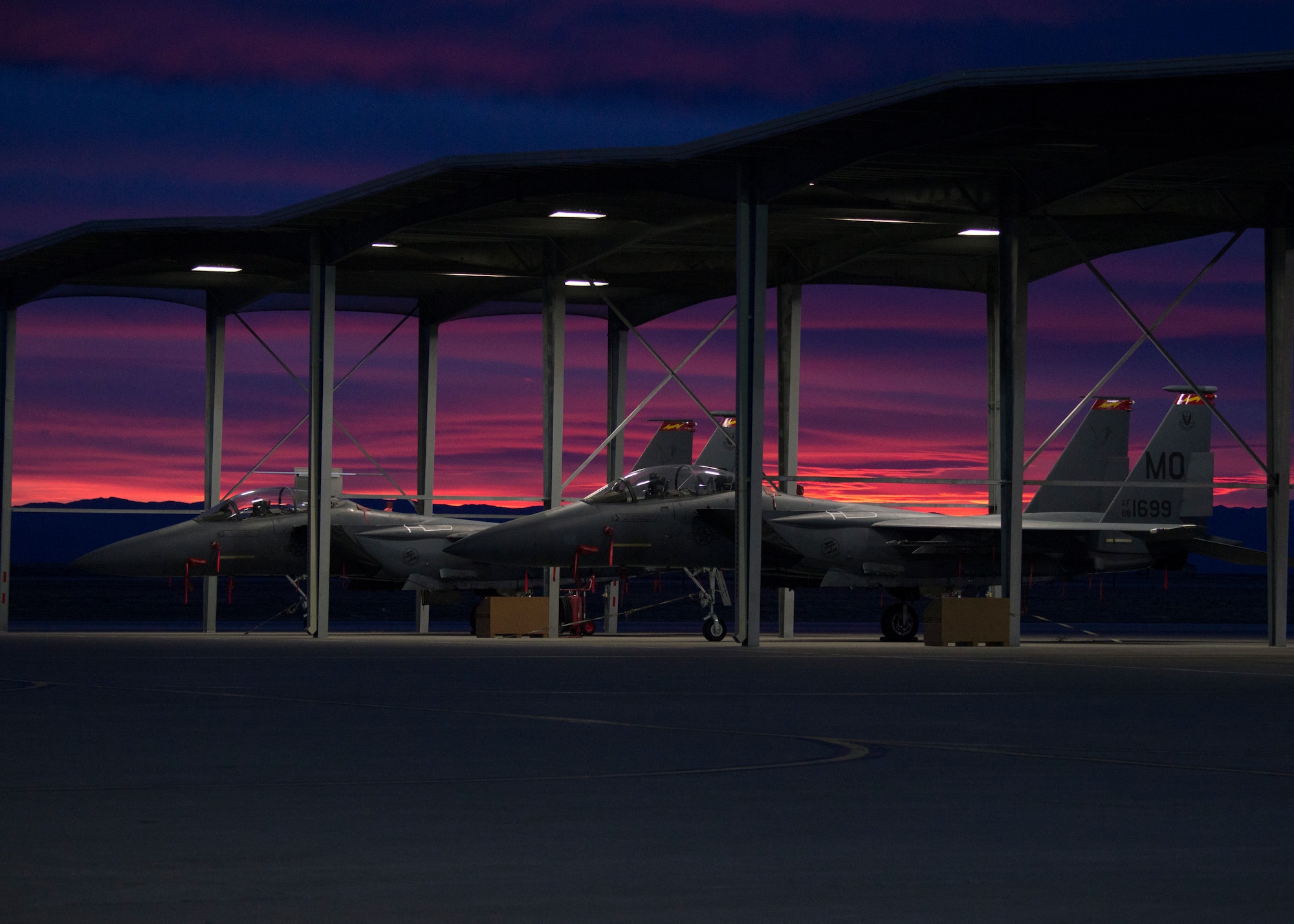 Image of F-15E Strike Eagles sit on the flightline during an exercise, Feb. 8, 2018, at Mountain Home Air Force Base, Idaho. The exercise focused on training for potential real world contingencies. (U.S. Air Force photo by Airman 1st Class Jeremy D. Wolff)