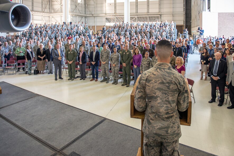 Distinguished visitors are introduced during the 75th Anniversary kickoff celebration at Travis Air Force Base, Calif., Feb. 8, 2018. The celebration featured the inaugural unveiling of the 75th Anniversary logo on a C-17 Globemaster III. Travis is celebrating 75 years as a major strategic logistics hub for the Pacific and integral part of global power projection for the total force. (U.S. Air Force photo by Louis Briscese)