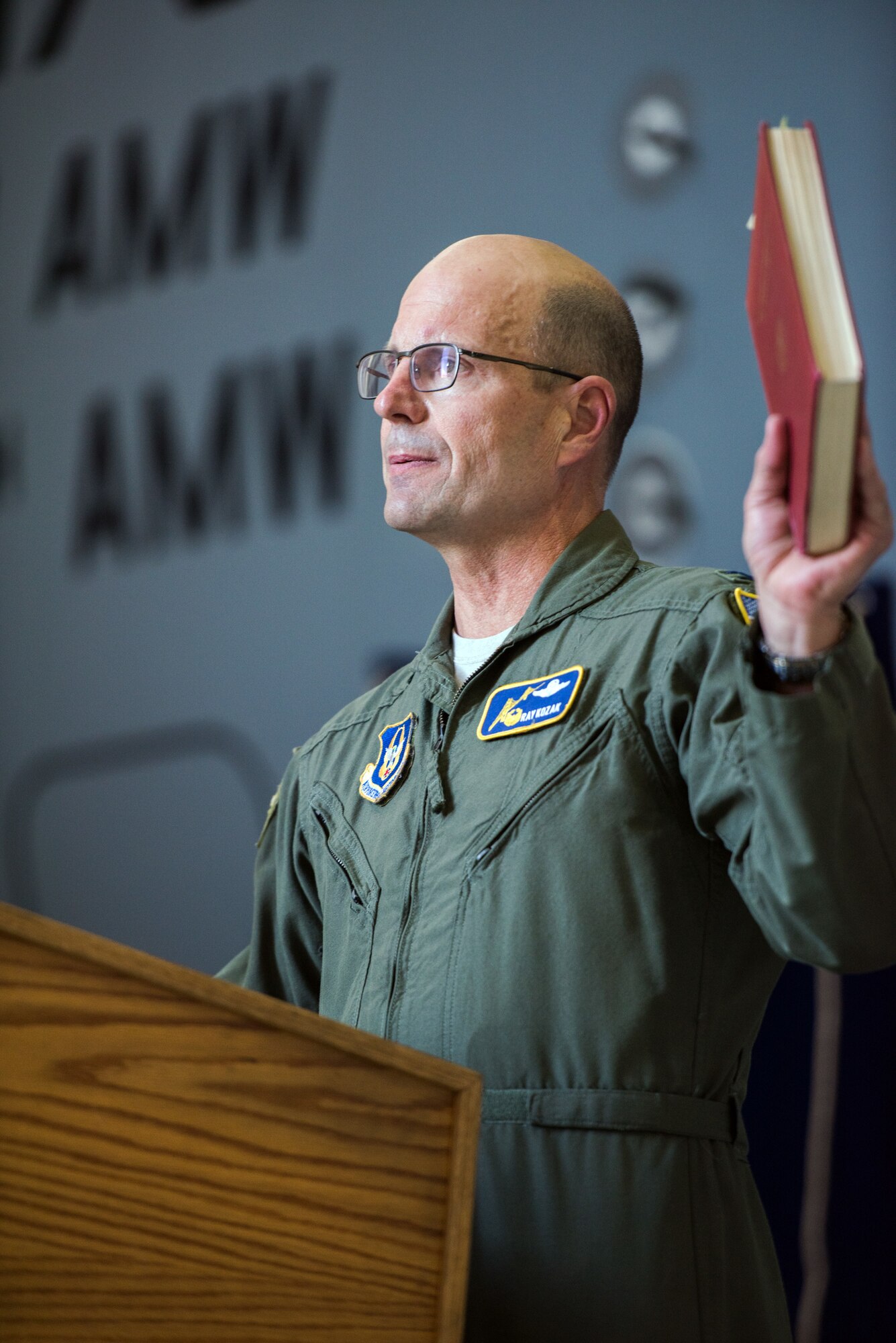 U.S. Air Force Col. Raymond Kozak, 349th Air Mobility Wing commander, provides remarks during the 75th Anniversary kickoff celebration at Travis Air Force Base, Calif., Feb. 8, 2018. The celebration featured the inaugural unveiling of the 75th Anniversary logo on a C-17 Globemaster III. Travis is celebrating 75 years as a major strategic logistics hub for the Pacific and integral part of global power projection for the total force. (U.S. Air Force photo by Louis Briscese)