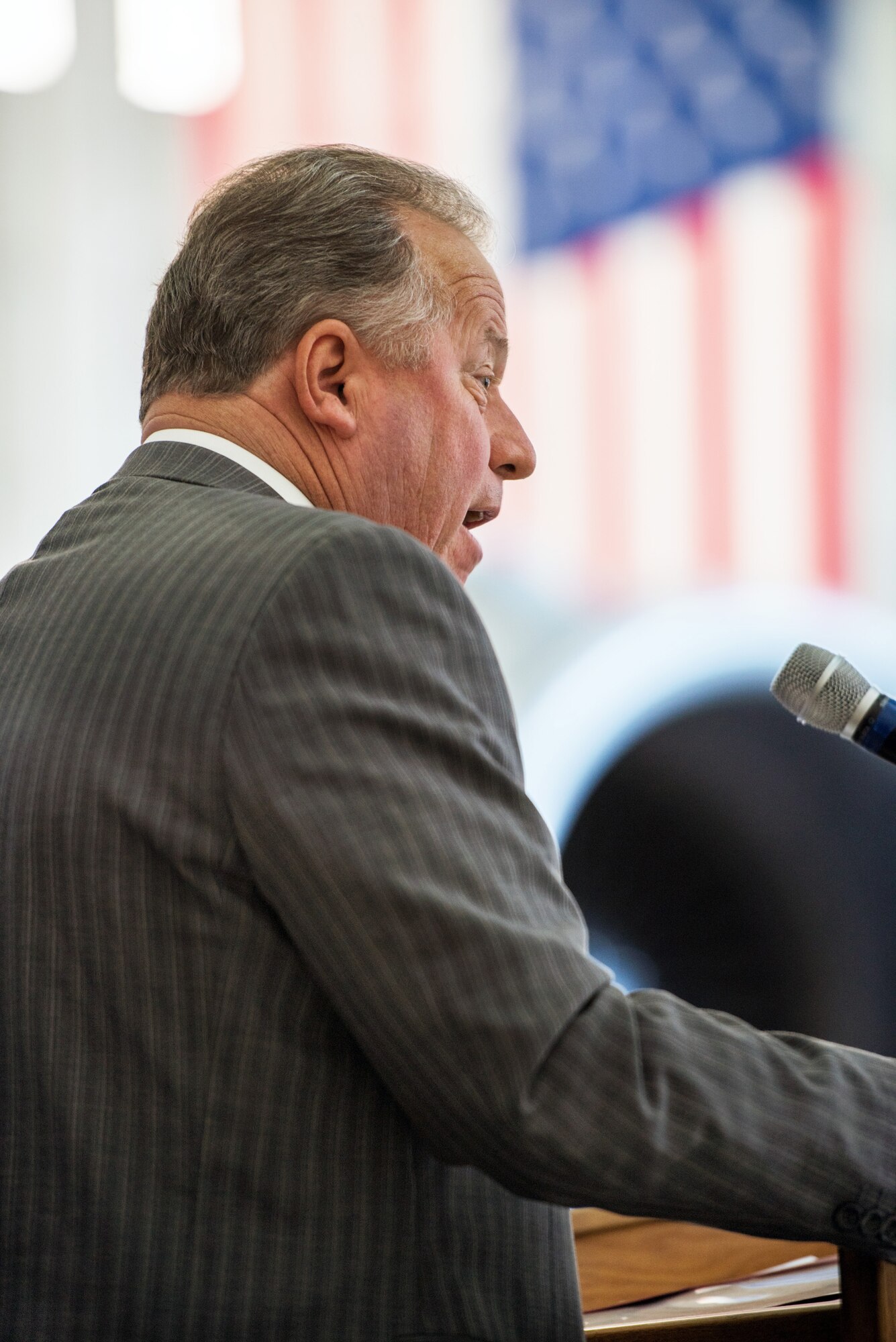 State Senator Bill Dodd (D-Napa), 3rd Senate District, provides remarks during the 75th Anniversary kickoff celebration at Travis Air Force Base, Calif., Feb. 8, 2018. The celebration featured the inaugural unveiling of the 75th Anniversary logo on a C-17 Globemaster III. Travis is celebrating 75 years as a major strategic logistics hub for the Pacific and integral part of global power projection for the total force. (U.S. Air Force photo by Louis Briscese)