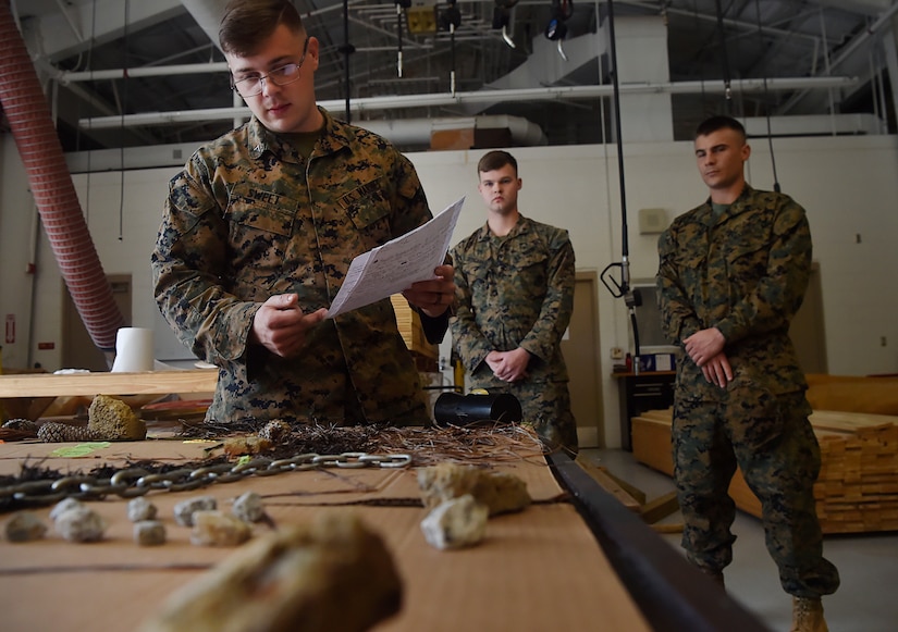 U.S. Marine Corps Reserve Lance Cpl. Mathaniel Sweet, Detachment 3 Supply Company, Combat Logistics Battalion 451 motor transportation technician, practices briefing a simulated tactical convoy operation as part of a three day training event at Joint Base Charleston’s Weapons Station Feb. 11, in South Carolina.