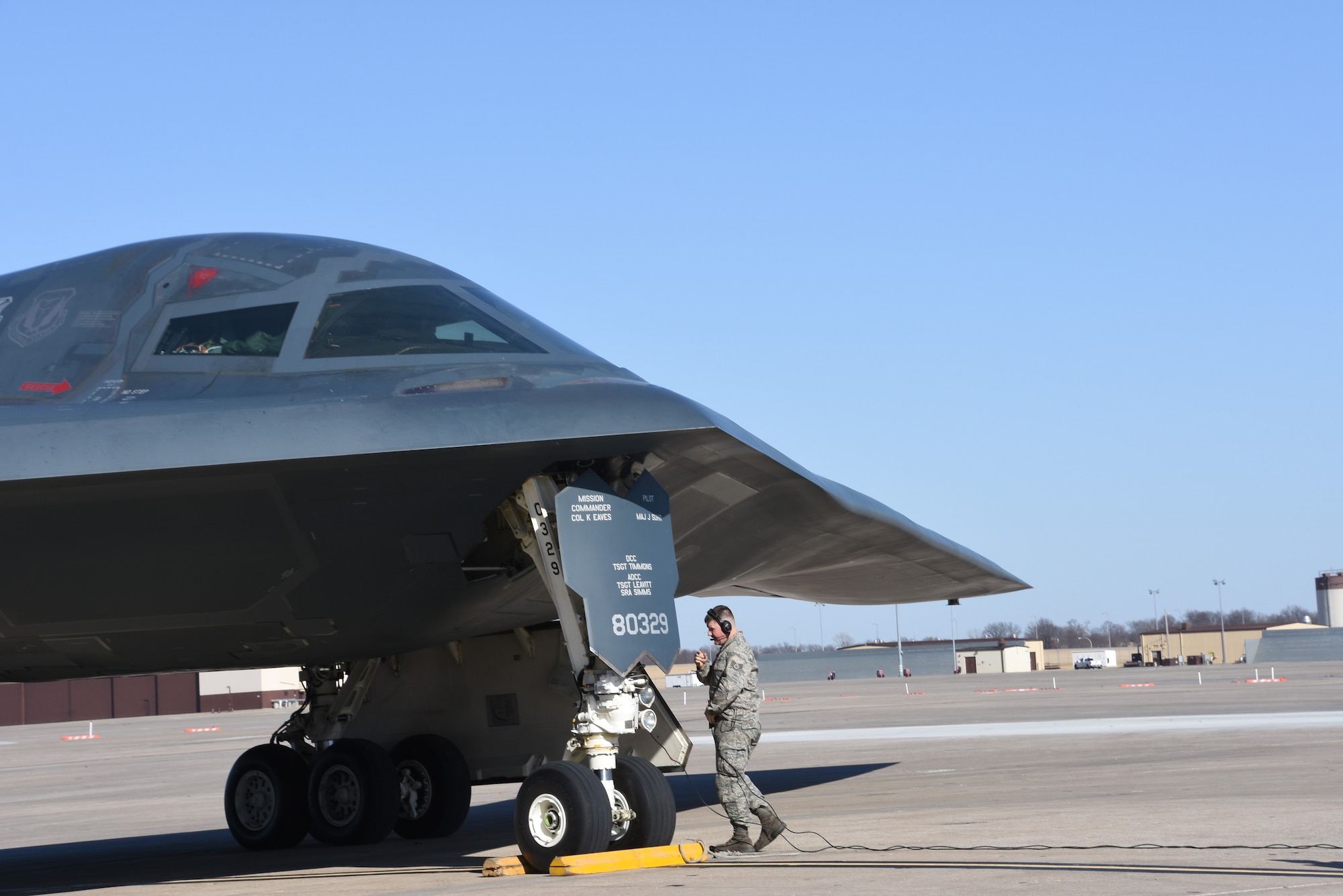 The Spirit of Missouri, the B-2 Flagship of the Missouri Air National Guard's 131st Bomb Wing, returns from a recent training mission, Feb 25, 2018.  (U.S. Air National Guard photo by Senior Master Sgt. Mary-Dale Amison)