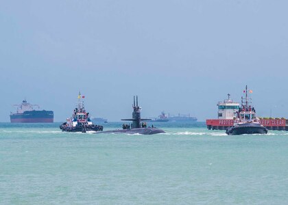 USS Bremerton (SSN 698) pulls in to Changi Naval Base, Singapore for a port visit to strengthen partnership and a chance for crew rest.