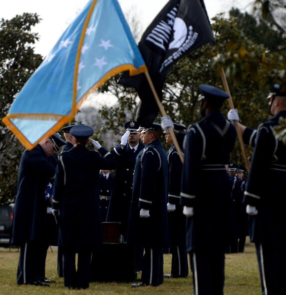 Ceremonial Guardsmen participate in the full honors funeral ceremony for retired Col. Leo Thorsness at Arlington National Cemetery, Arlington, Va., Feb. 14, 2018. Thorsness was a Vietnam prisoner of war and Medal of Honor recipient who served 23 years in the Air Force. (U.S. Air Force photo by Staff Sgt. Rusty Frank)