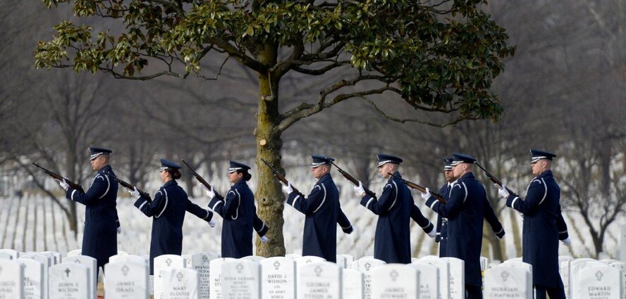 Ceremonial Guardsmen prepare to fire a volley during the full honors funeral ceremony for retired Col. Leo Thorsness at Arlington National Cemetery, Arlington, Va., Feb. 14, 2018. Thorsness was a Vietnam prisoner of war and Medal of Honor recipient who served 23 years in the Air Force. (U.S. Air Force photo by Staff Sgt. Rusty Frank)
