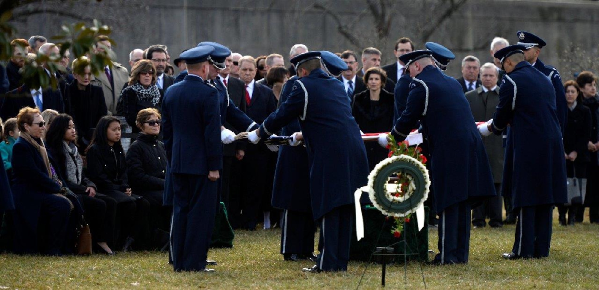 Ceremonial Guardsmen fold the American flag during the full honors funeral ceremony for retired Col. Leo Thorsness at Arlington National Cemetery, Arlington, Va., Feb. 14, 2018. Thorsness was a Vietnam prisoner of war and Medal of Honor recipient who served 23 years in the Air Force. (U.S. Air Force photo by Staff Sgt. Rusty Frank)
