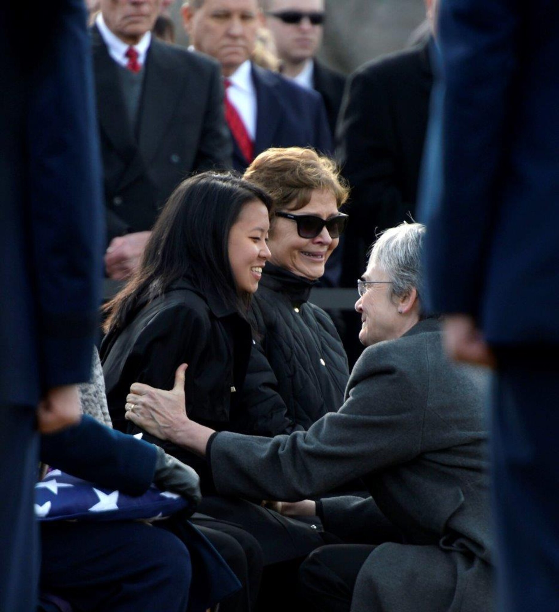 Secretary of the Air Force Heather Wilson greets the next of kin during the full honors funeral ceremony for retired Col. Leo Thorsness at Arlington National Cemetery, Arlington, Va., Feb. 14, 2018. Thorsness received the Medal of Honor for his heroic actions during the Vietnam War. (U.S. Air Force photo by Staff Sgt. Rusty Frank)