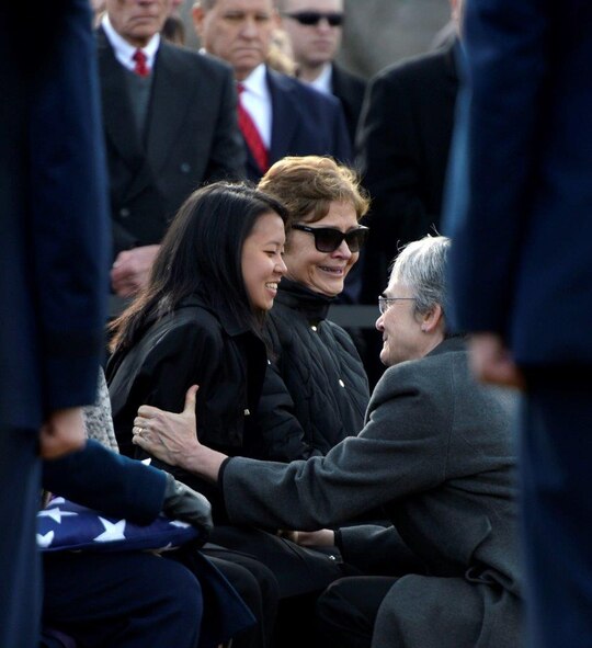 Secretary of the Air Force Heather Wilson greets the next of kin during the full honors funeral ceremony for retired Col. Leo Thorsness at Arlington National Cemetery, Arlington, Va., Feb. 14, 2018. Thorsness received the Medal of Honor for his heroic actions during the Vietnam War. (U.S. Air Force photo by Staff Sgt. Rusty Frank)