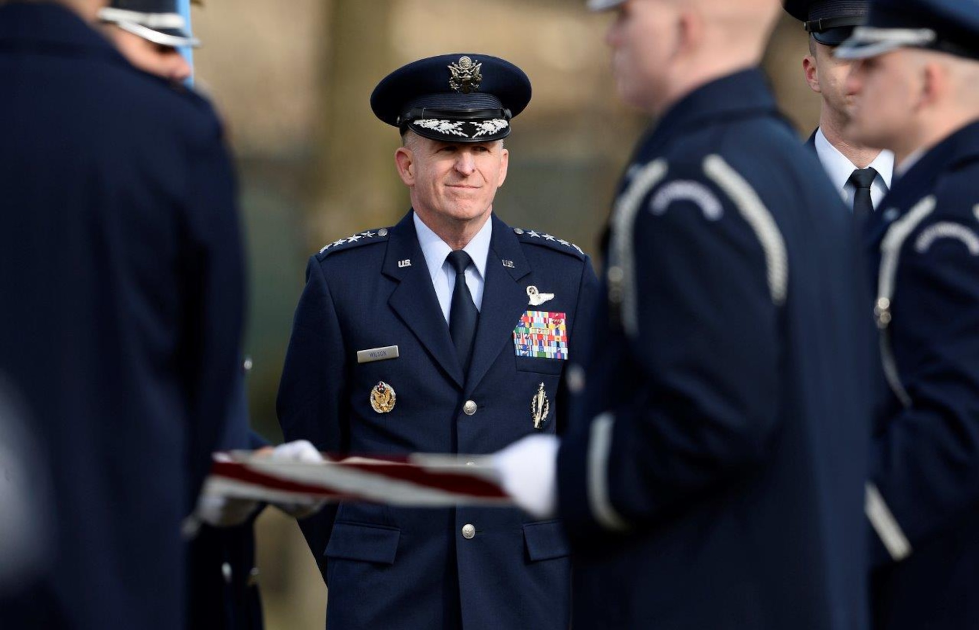 Air Force Vice Chief of Staff Gen. Stephen Wilson watches the full honors funeral ceremony for retired Col. Leo Thorsness at Arlington National Cemetery, Arlington, Va., Feb. 14, 2018. Thorsness received the Medal of Honor for his heroic actions during the Vietnam War. (U.S. Air Force photo by Staff Sgt. Chad Trujillo)